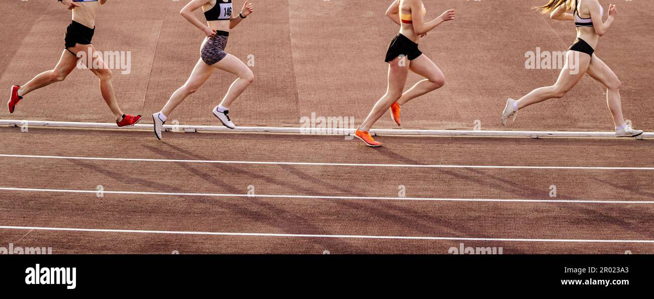 cuatro mujeres atletas corredores de media distancia carrera de carrera, campeonatos de atletismo de verano Foto de stock