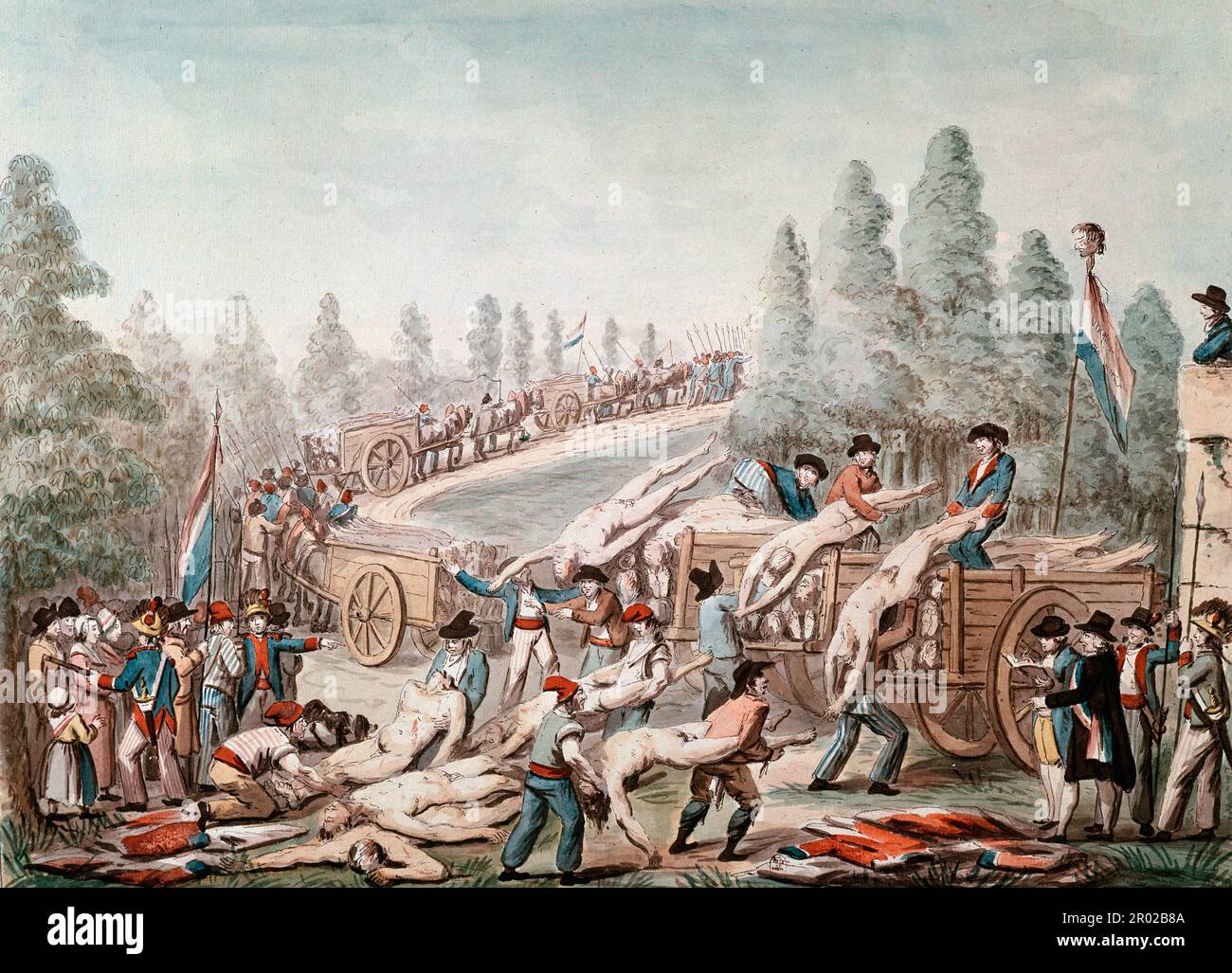 Revolution francaise, Terreur : les cadavres des victimes de la Terreur sont emmenes sur des chariots (Transportando cadáveres durante la Revolución) Aquarelle d'Etienne Bericourt, vers 1790 Paris, musée carnavalet Foto de stock