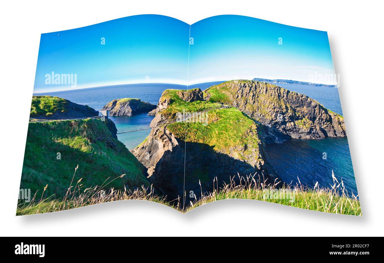 Paisaje irlandés típico con puente suspendido sobre acantilados (Irlanda del Norte - Reino Unido - Carrick a Rede) - 3D render de un álbum de fotos abierto - I'm Foto de stock