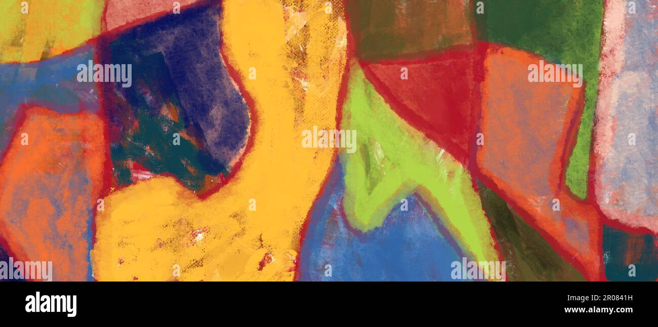 Banner abstracto del arte del fondo en pintura al óleo, composiciones coloridas separadas por líneas rojas, líneas geométricas, curvas y rectas, borrosas Foto de stock