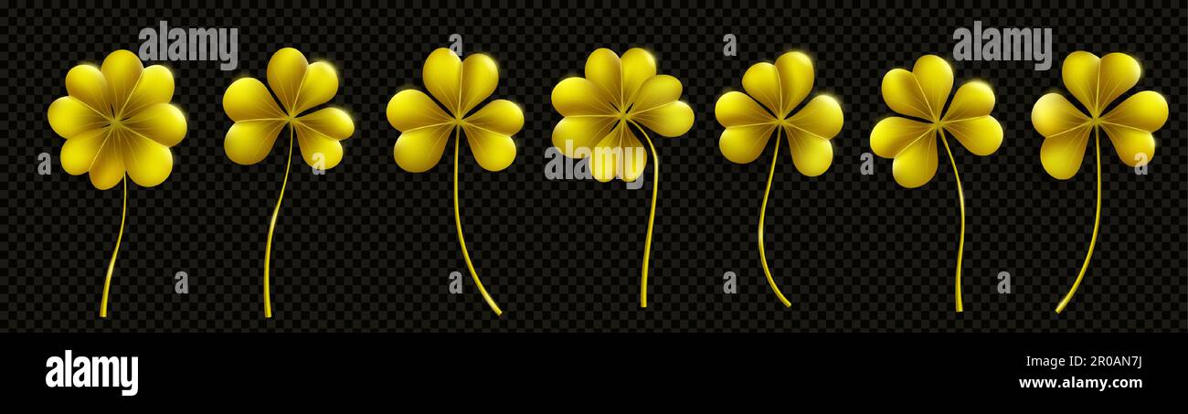 3D oro shamrock St Patrick día trébol de hoja conjunto aislado sobre fondo transparente. Realista afortunado irlandés cuatro hojas de hierba dorada varios diseños clipart. Irlanda Celebración celta colección de símbolos Ilustración del Vector