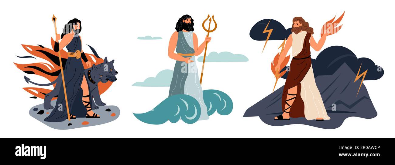 Principales dioses griegos. Personajes de dibujos animados Olympus. Hades rey del inframundo. Poseidón patrón de mares y océanos. Zeus con truenos y relámpagos. Diferente Ilustración del Vector