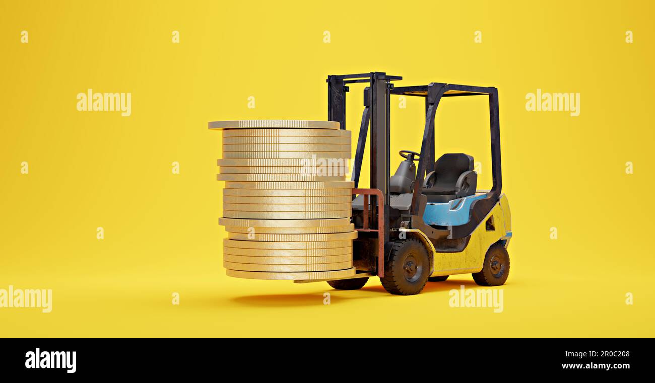 Imagen simbólica para la generación de beneficios con montacargas y monedas, representación 3D Foto de stock