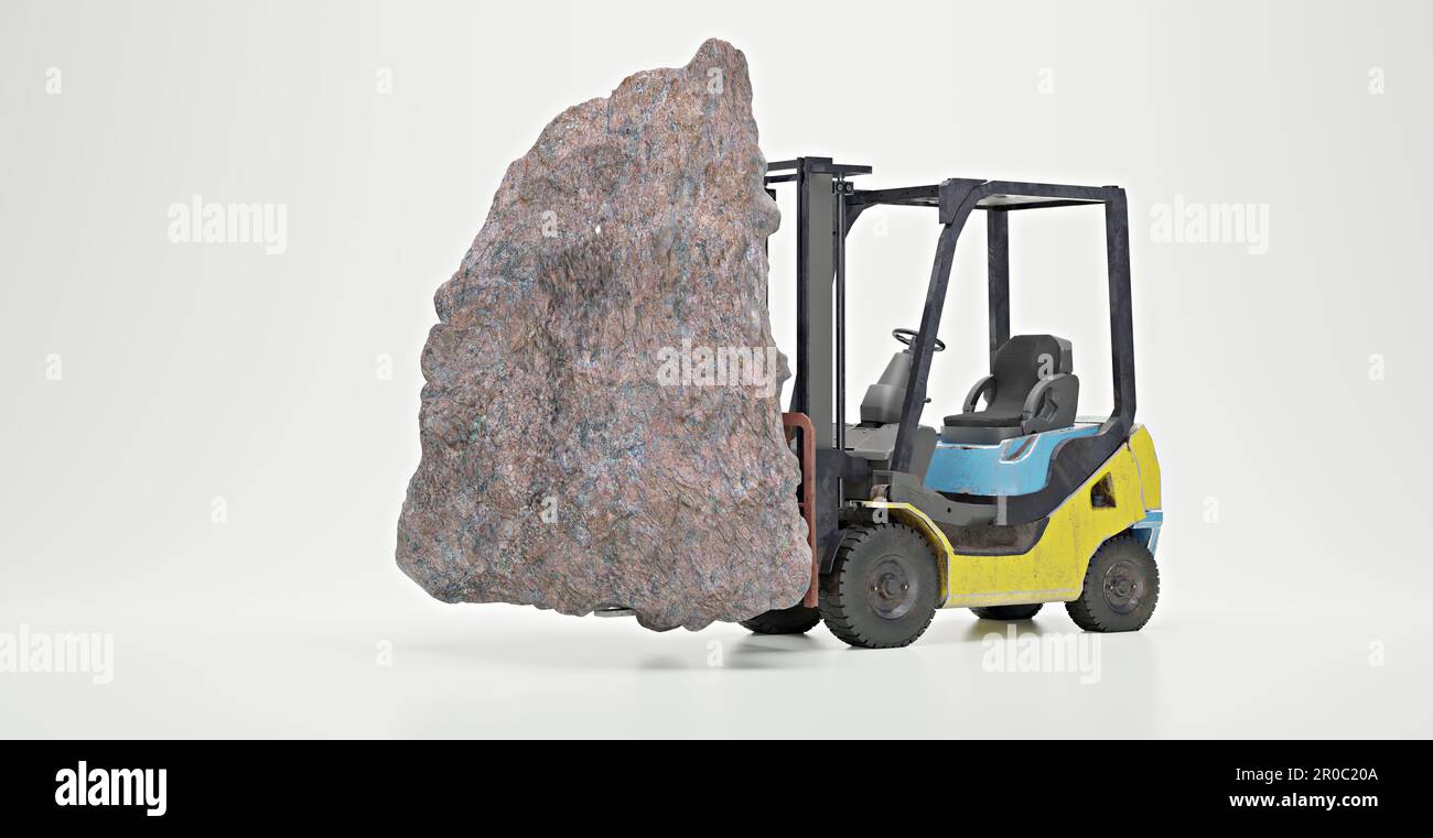 Imagen simbólica para el transporte potente y poderoso y la carga con carretilla elevadora y una roca, representación 3D Foto de stock