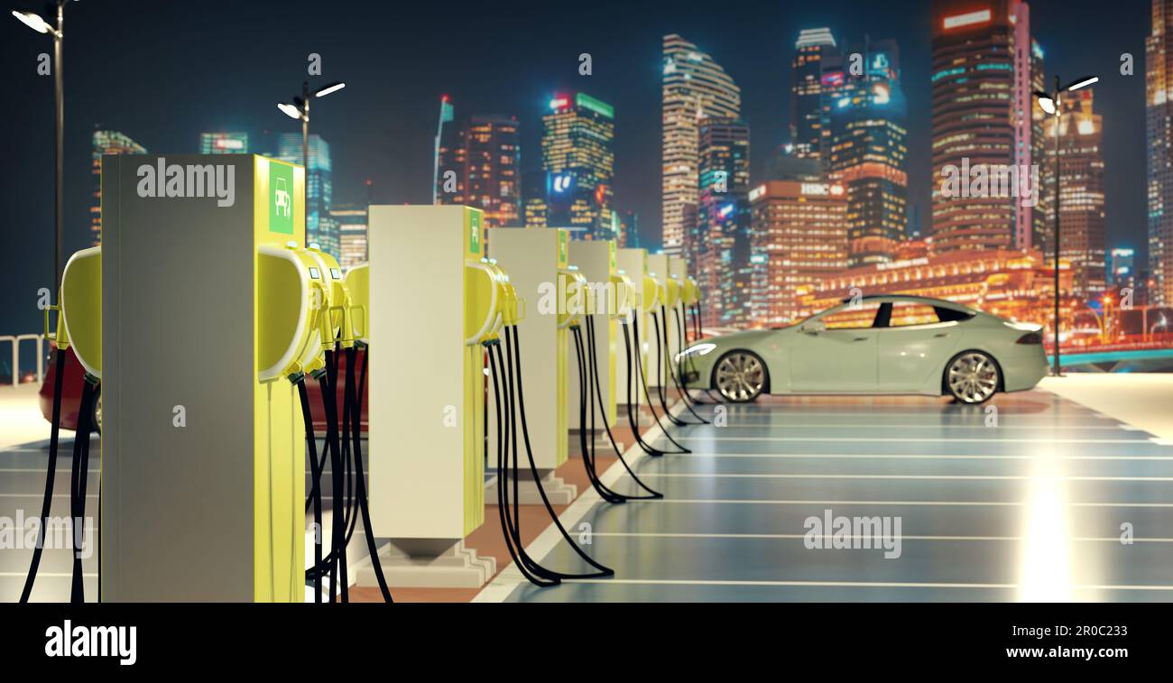 Punto de carga EV en la plaza de aparcamiento, ilustración 3D Foto de stock