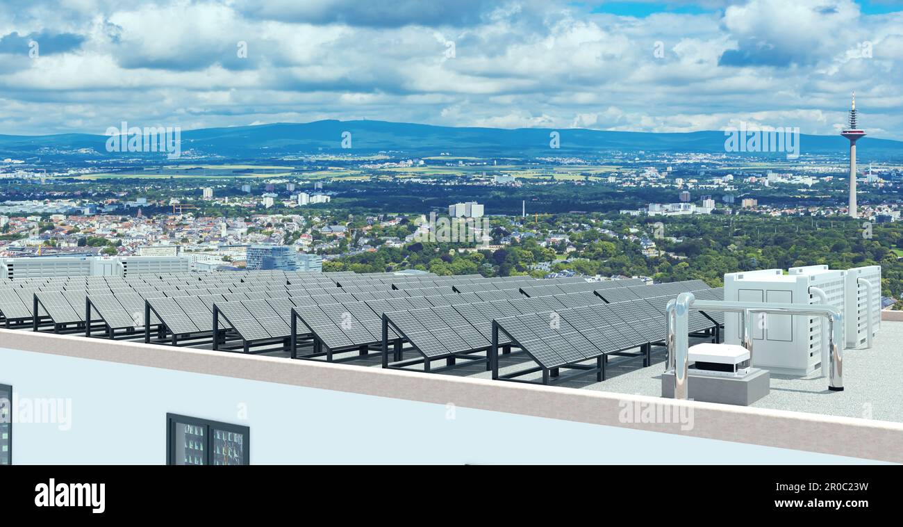 Instalación de paneles de energía solar con almacenamiento de batería en el techo de un edificio de gran altura, Ilustración 3D Foto de stock