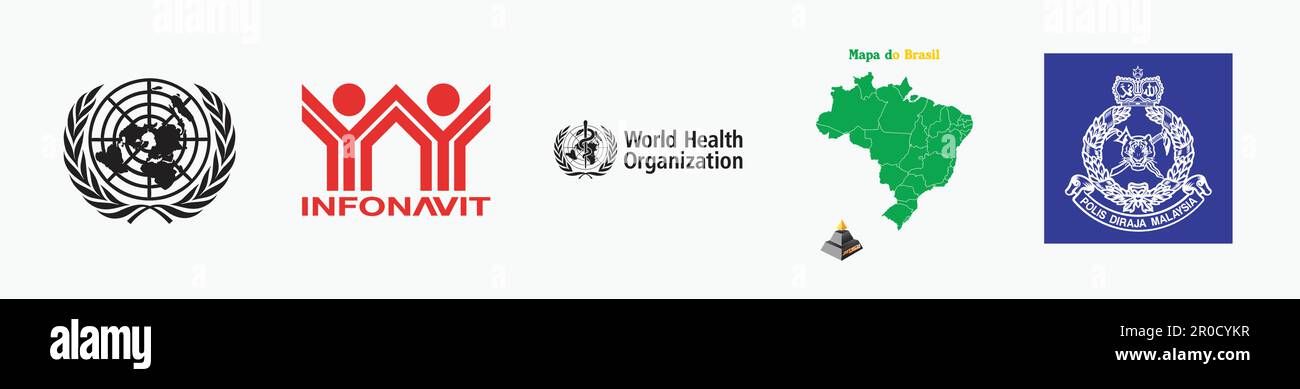 Mapa do Brasil Logo, OMS Organización Mundial de LA Salud Logo, JInfonavit Logo, Naciones Unidas Logo, Polis Diraja Malaysia2 Logo. Logotipo del vector del gobierno Ilustración del Vector