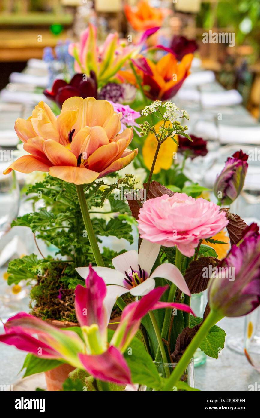 Una hermosa exhibición floral que corre por el centro de una mesa en una boda Foto de stock