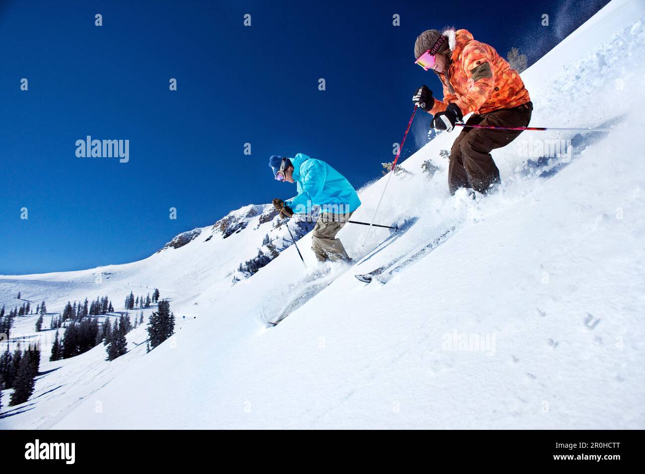 Estados Unidos, Utah, hombre y mujer esquiando juntos en el área de Yellow Trail, Alta Ski Resort Foto de stock