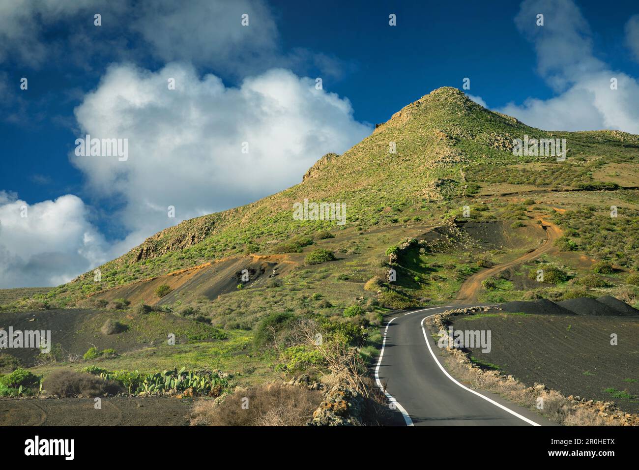 Montañas que se vuelven verdes después de la lluvia sobre Maguez Haria, Islas Canarias, Lanzarote Foto de stock