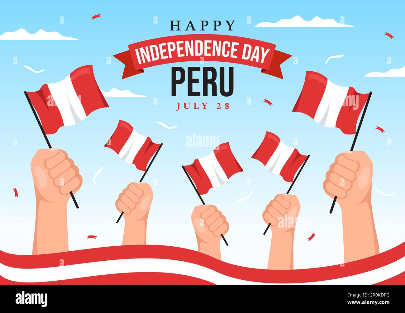 Ilustración vectorial del día de la independencia de Perú el 28 de julio con la bandera ondeando