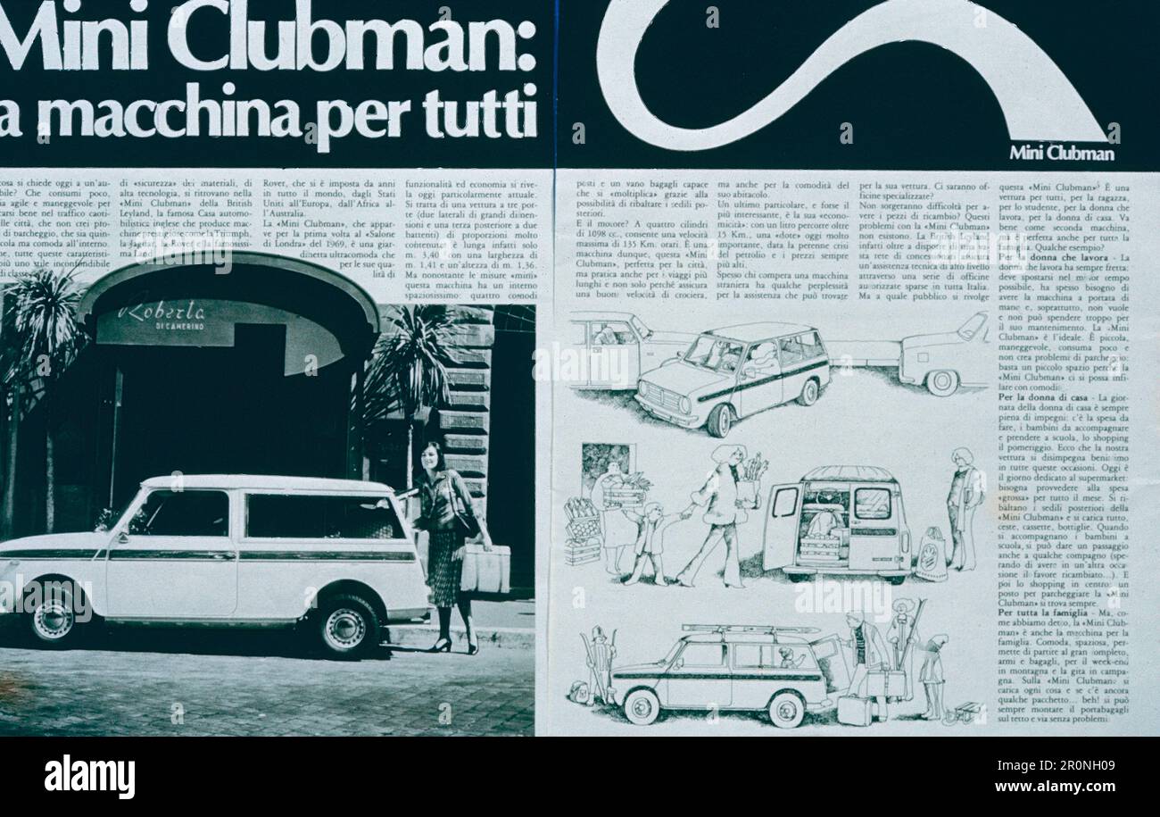 Cartel publicitario del coche Mini Clubman, Italia 1970s Foto de stock