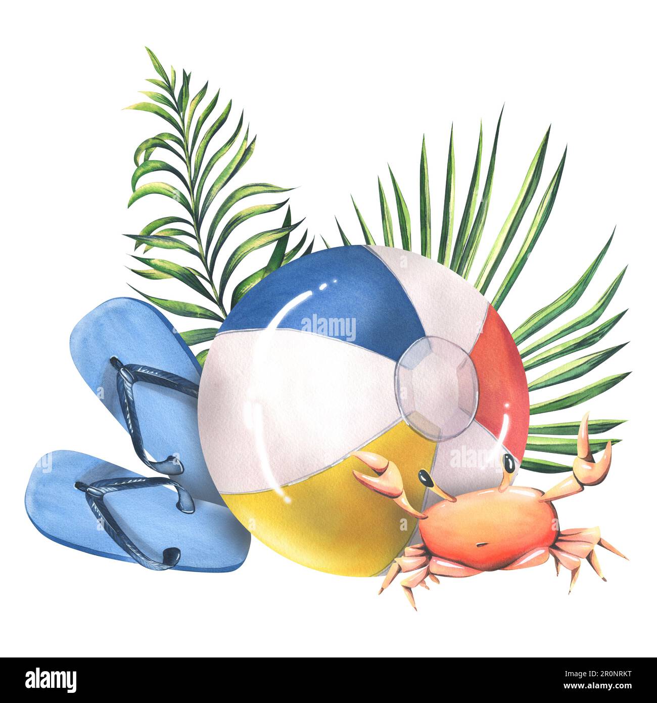 Bola de playa multicolor con cangrejo, chanclas y hojas de palma tropical.  Ilustración de acuarela, dibujado a mano. Composición aislada sobre un  blanco Fotografía de stock - Alamy