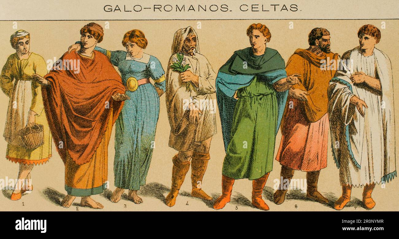 Historia antigua. Época romana. Galo-Romanos. Galos celtas romanizados. Cromolitografía. 'Historia Universal', de César Cantú. Volumen II, 1881. Foto de stock