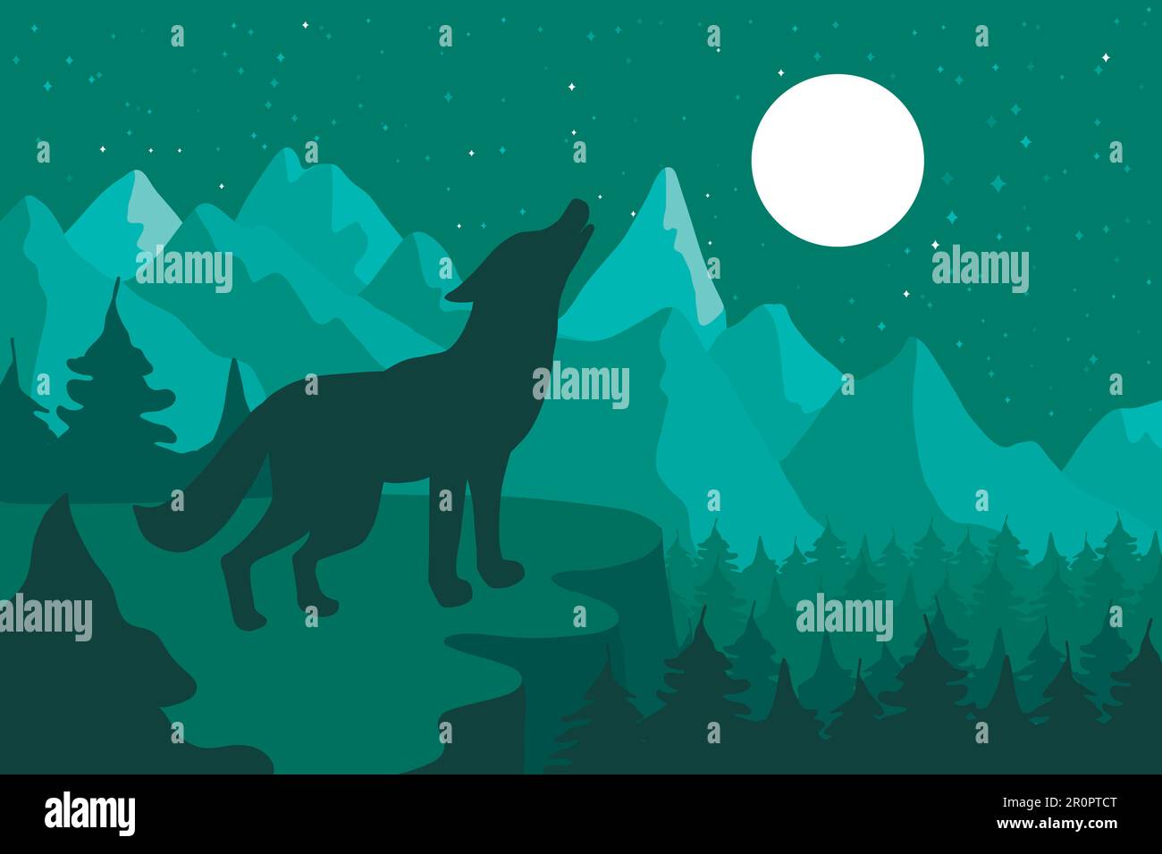 Lobo en el bosque de coníferas de la noche cerca de las montañas bajo la luna. Vector Ilustración del Vector