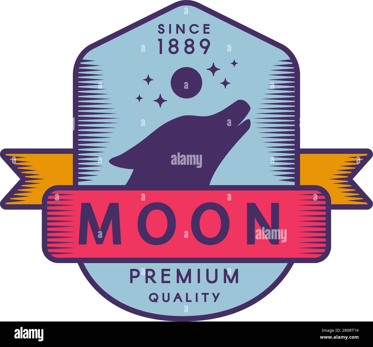 Moon color retro logo plantilla. Bosque salvaje vector símbolo vintage. Silueta de cabeza de lobo aullador Ilustración del Vector