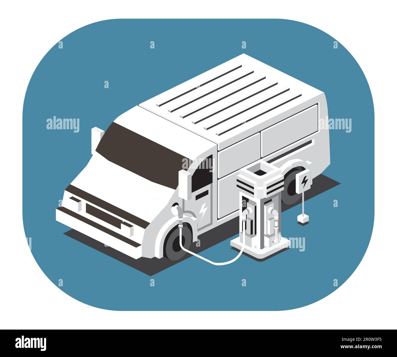 Vehículo comercial eléctrico isométrico. Carga de furgoneta blanca en la estación de carga con un cable enchufable sobre fondo azul. Vista frontal. Ilustración del Vector