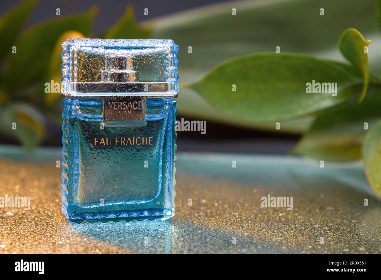 Polonia, Varsovia - 10 de mayo de 2023: Perfume, Versace para hombres. Una  botella de perfume de hombre Versace sobre un fondo azul. Versace es una  moda de lujo italiana Fotografía de stock - Alamy