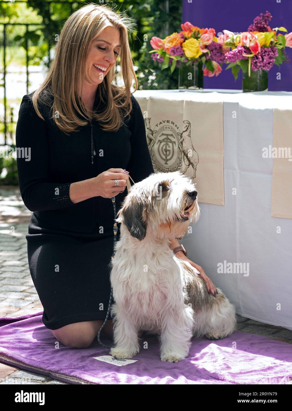 Handler Janice Hays poses for photos with Buddy Holly, a petit basset