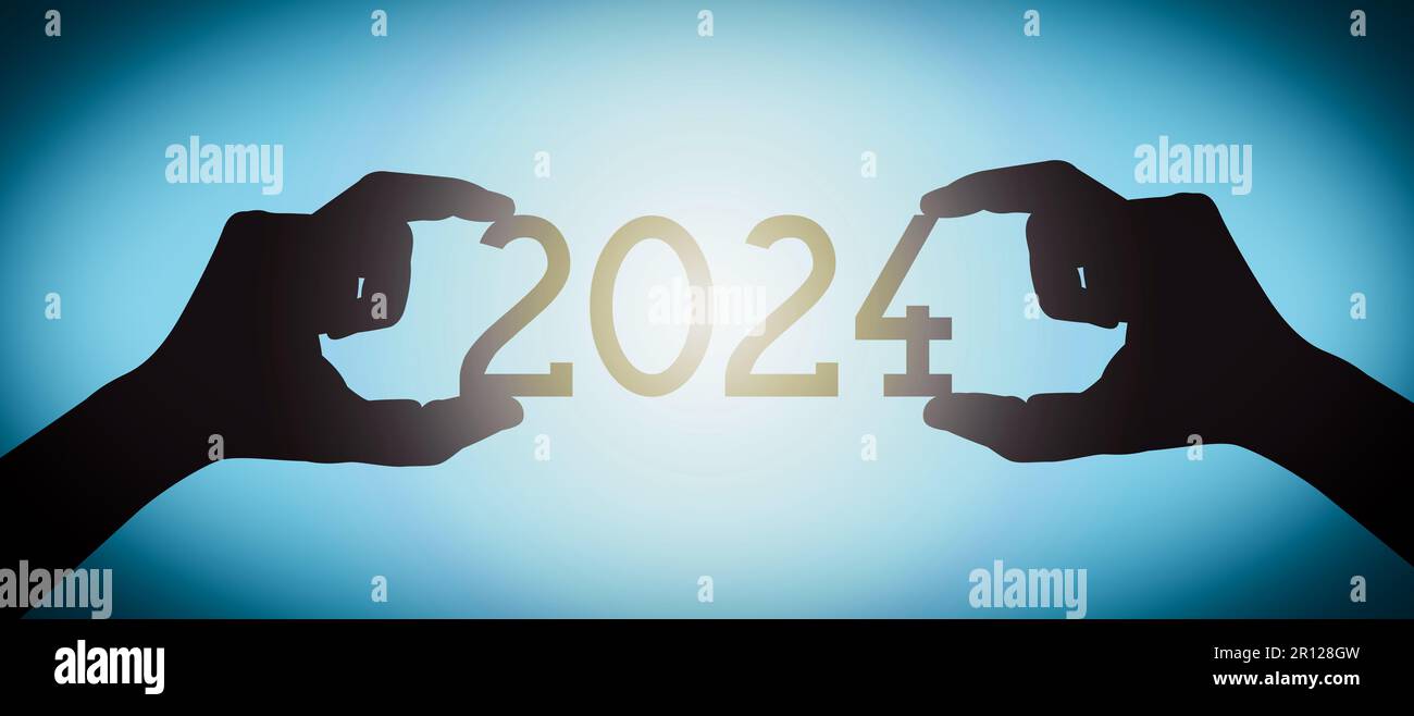 2024 manos humanas sosteniendo número de año de silueta negra, fondo