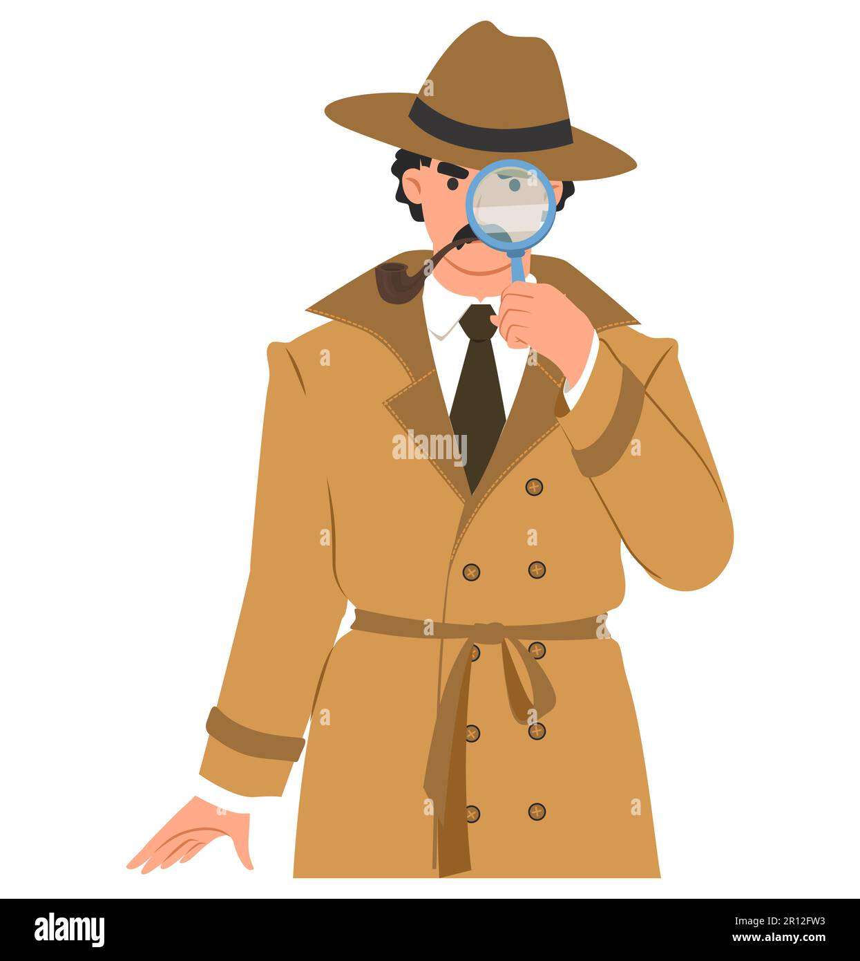 Detective en abrigo y sombrero mirando a través lupa Imagen Vector de stock - Alamy