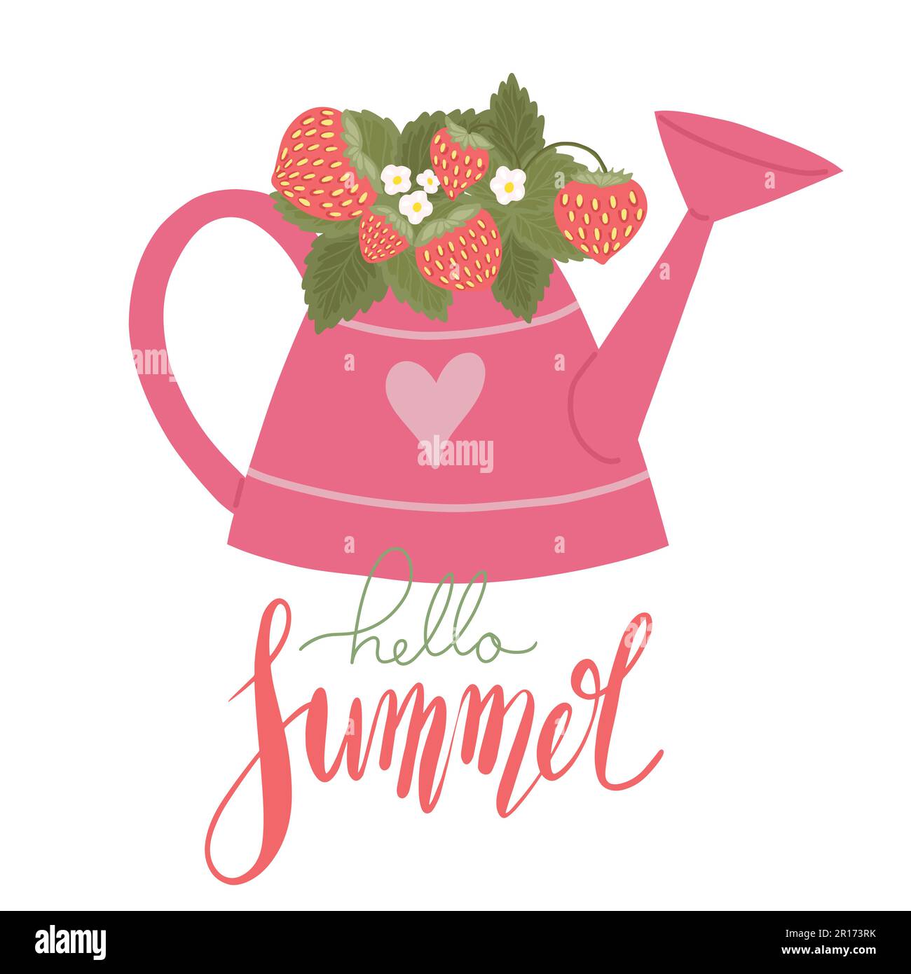 Eslogan hola summer. Tarjeta vectorial con ilustración dibujada a mano  plana de un regadero de jardín y ramo de fresas con letras. Romántico  floral Imagen Vector de stock - Alamy