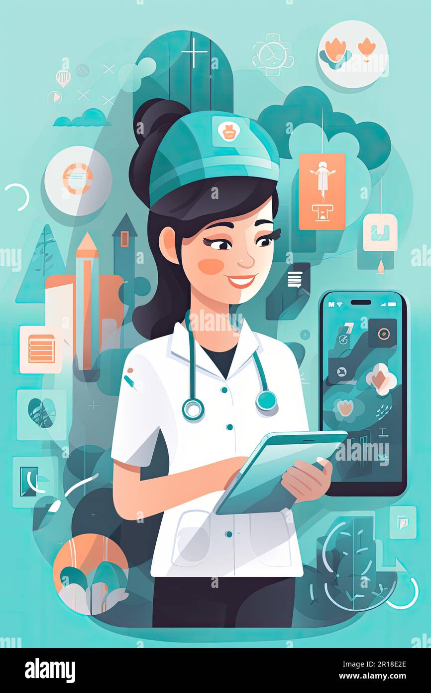 Médico y enfermera Ilustraciones tecnológicas con pad y dispositivos de internet en un hospital moderno Foto de stock