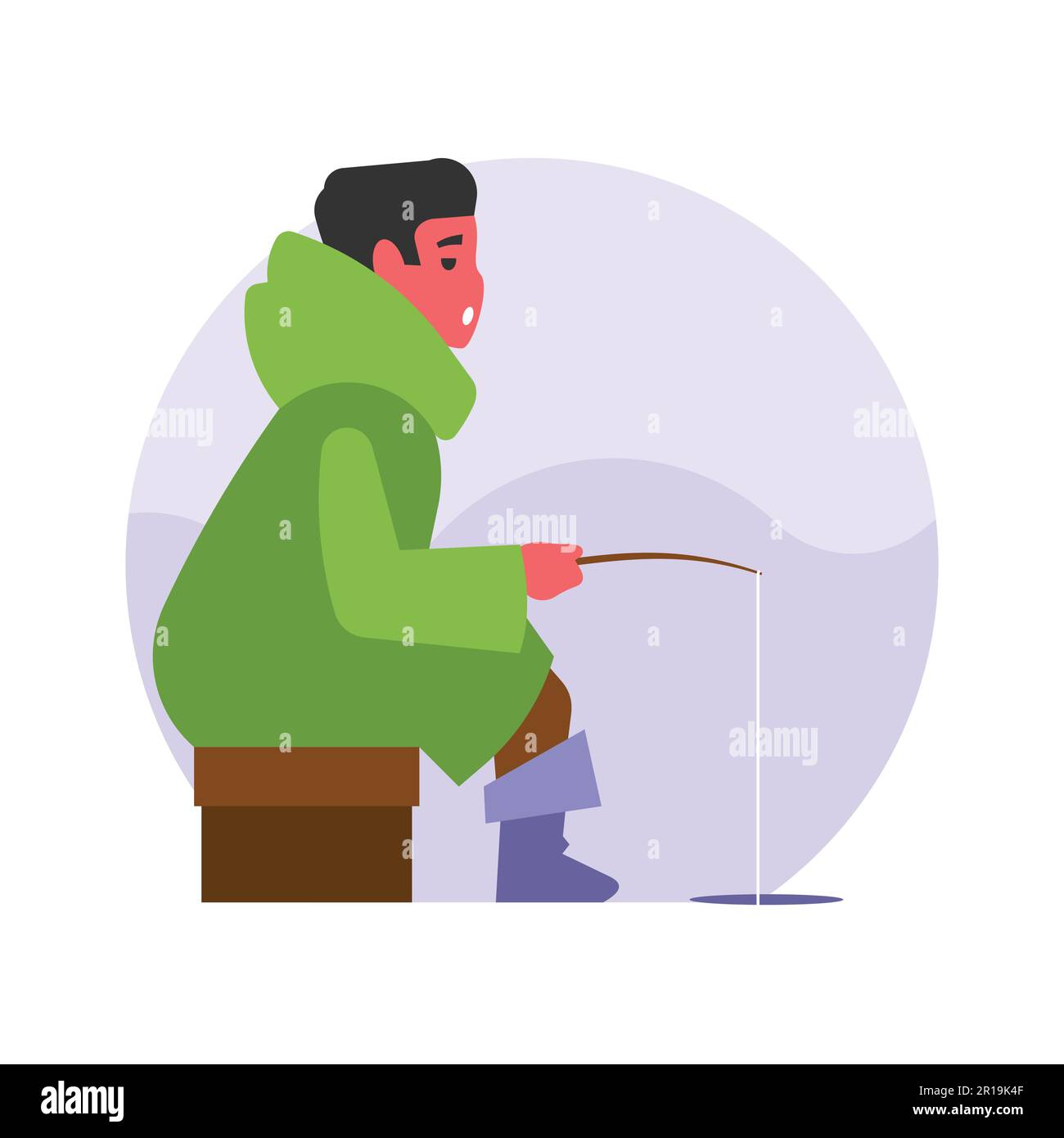 Pescador de pesca de color plano vector personaje sin rostro. Pescador con ilustración de dibujos animados de caña de pescar Ilustración del Vector