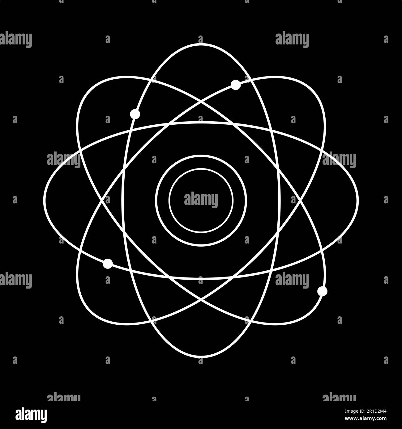Símbolo de signo de núcleo atómico. icono atom en blanco y negro. Foto de stock