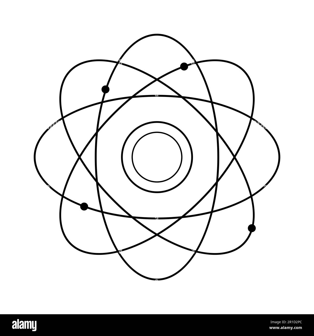 Símbolo de signo de núcleo atómico. icono atom en blanco y negro. Foto de stock