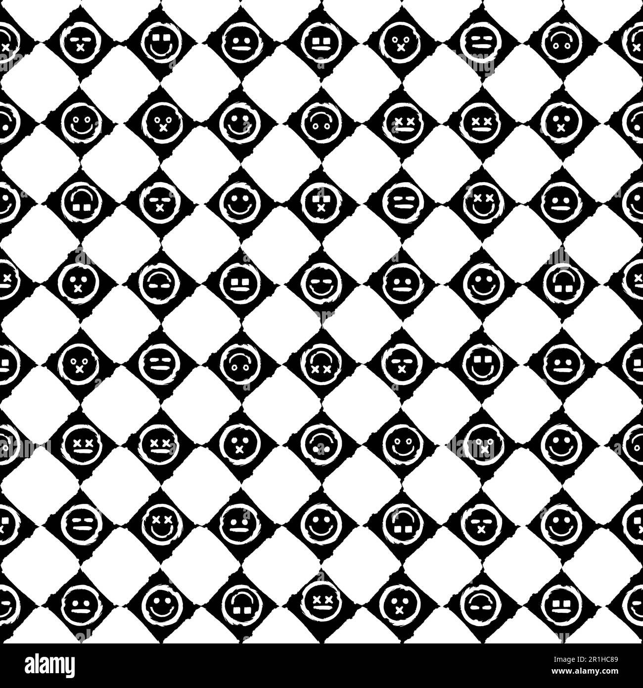 Patrón inconsútil descuidado abstracto con células de ajedrez claras y oscuras y Emoji diferentes expresiones faciales y estados de ánimo. Ornamento para la impresión en tela, co Ilustración del Vector
