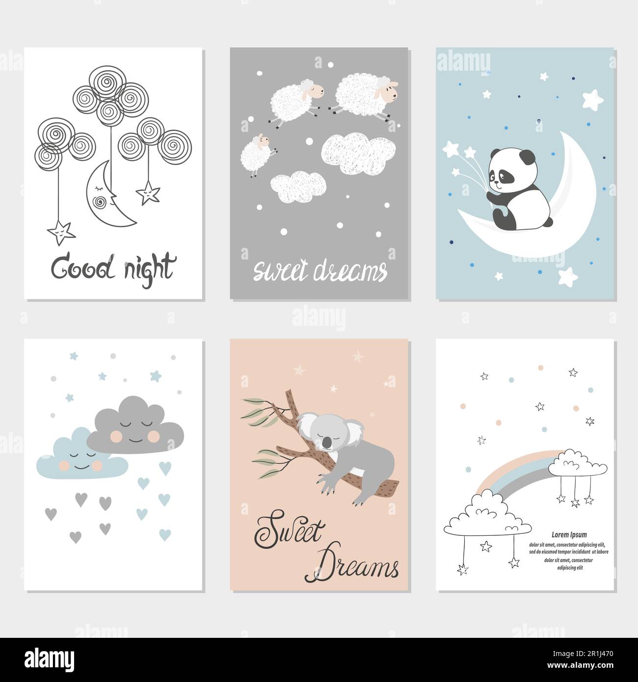 Conjunto de tarjetas de noche con lindos animales de dibujos animados, estrellas y luna. Carteles para habitaciones de bebés. Dulces sueños ilustraciones vectoriales. Ilustración del Vector