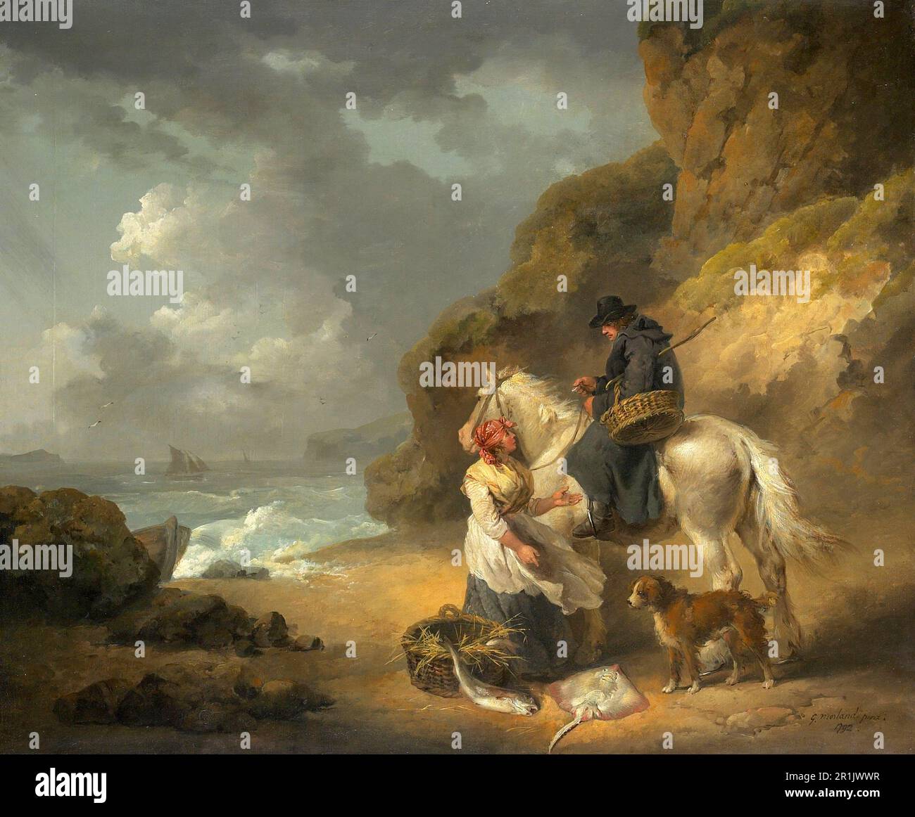 Pescadería tratando de vender su pescado a un viajero en un caballo, 1792, Inglaterra, después de una pintura de George Morland, Histórico, restaurada digitalmente Reproducción de un original del siglo 19th / Fischhändlerin Gemälde Will einem Reisenden auf einem Pferd ihren Fisch verkaufen, 1792, Inglaterra, nach einem von George Morland, Historisch, Restauración digital Reproduktion de einer Vorlage en 19. A cargo de Jahrhundert Foto de stock