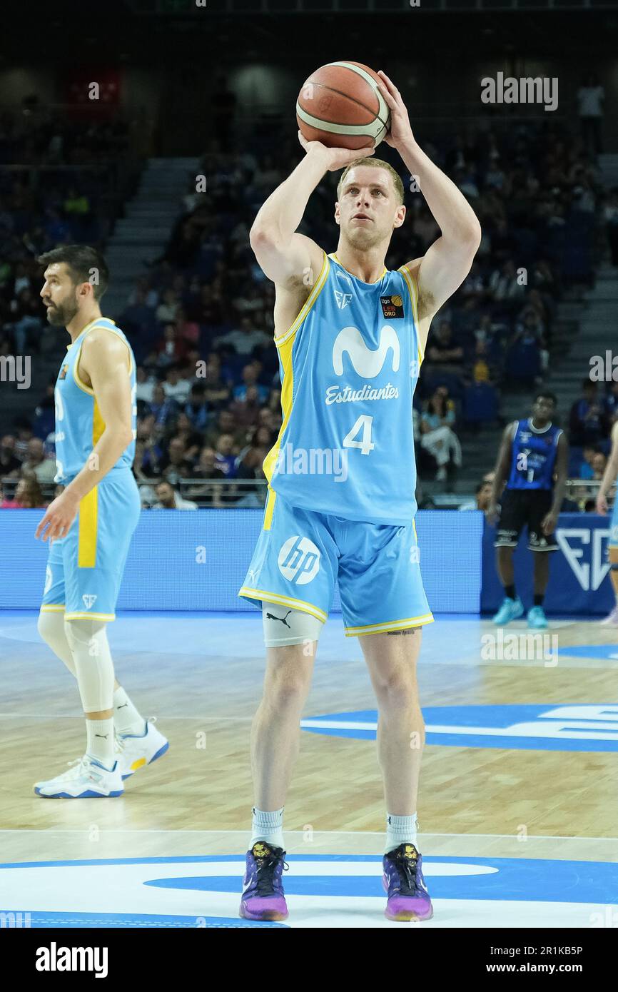 Madrid, España. 14th de mayo de 2023. Paul Jorgensen de Movistar  Estudiantes en acción durante el partido de baloncesto de la liga española,  Liga LEB Oro, entre Movistar Estudiantes y Hereda San