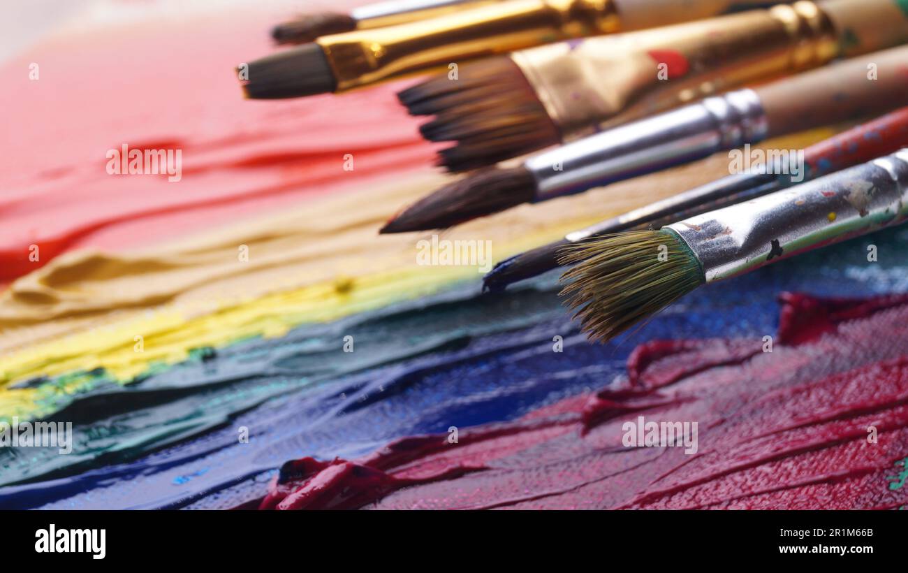 Muchos coloridos pinceles, pintura acrílica, círculo de color, la paleta  del artista, Alemania Fotografía de stock - Alamy