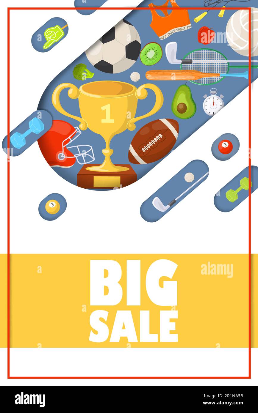 Cartel de venta grande para tienda en línea que ofrece artículos de  artículos deportivos y accesorios de fitness Imagen Vector de stock - Alamy