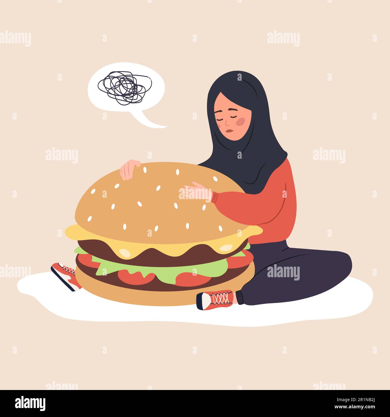 Trastorno alimentario. Triste mujer árabe abrazando enorme hamburguesa