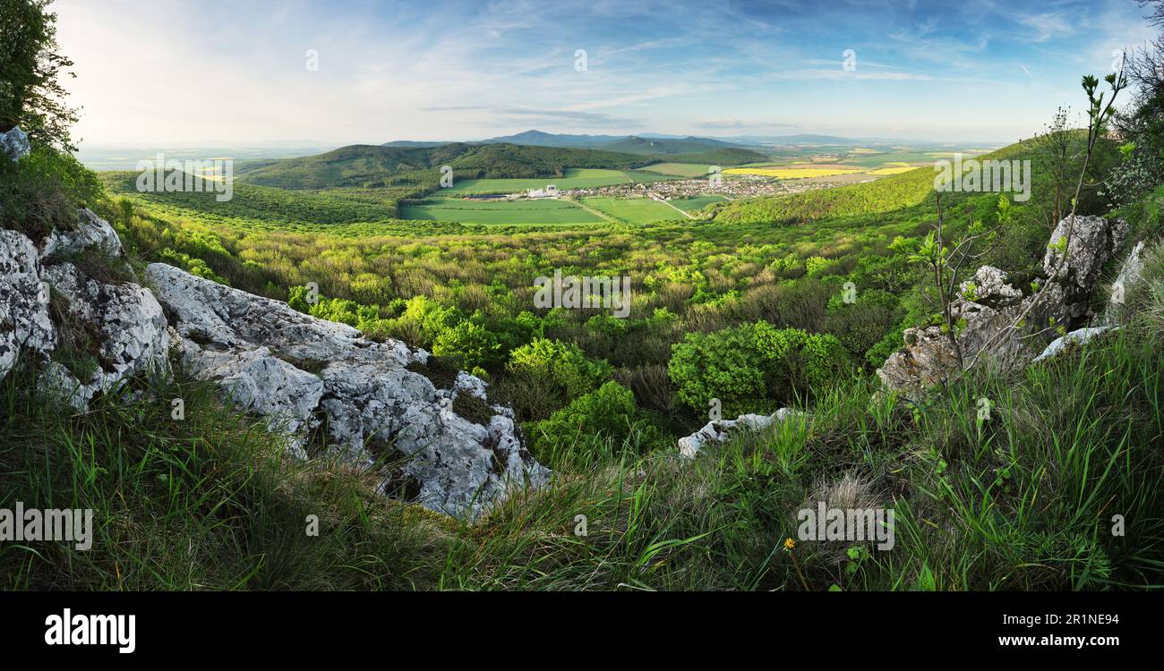 Hermoso paisaje de verano al atardecer con bosque. Pueblo cerca de la ciudad de Nitra, Eslovaquia Foto de stock