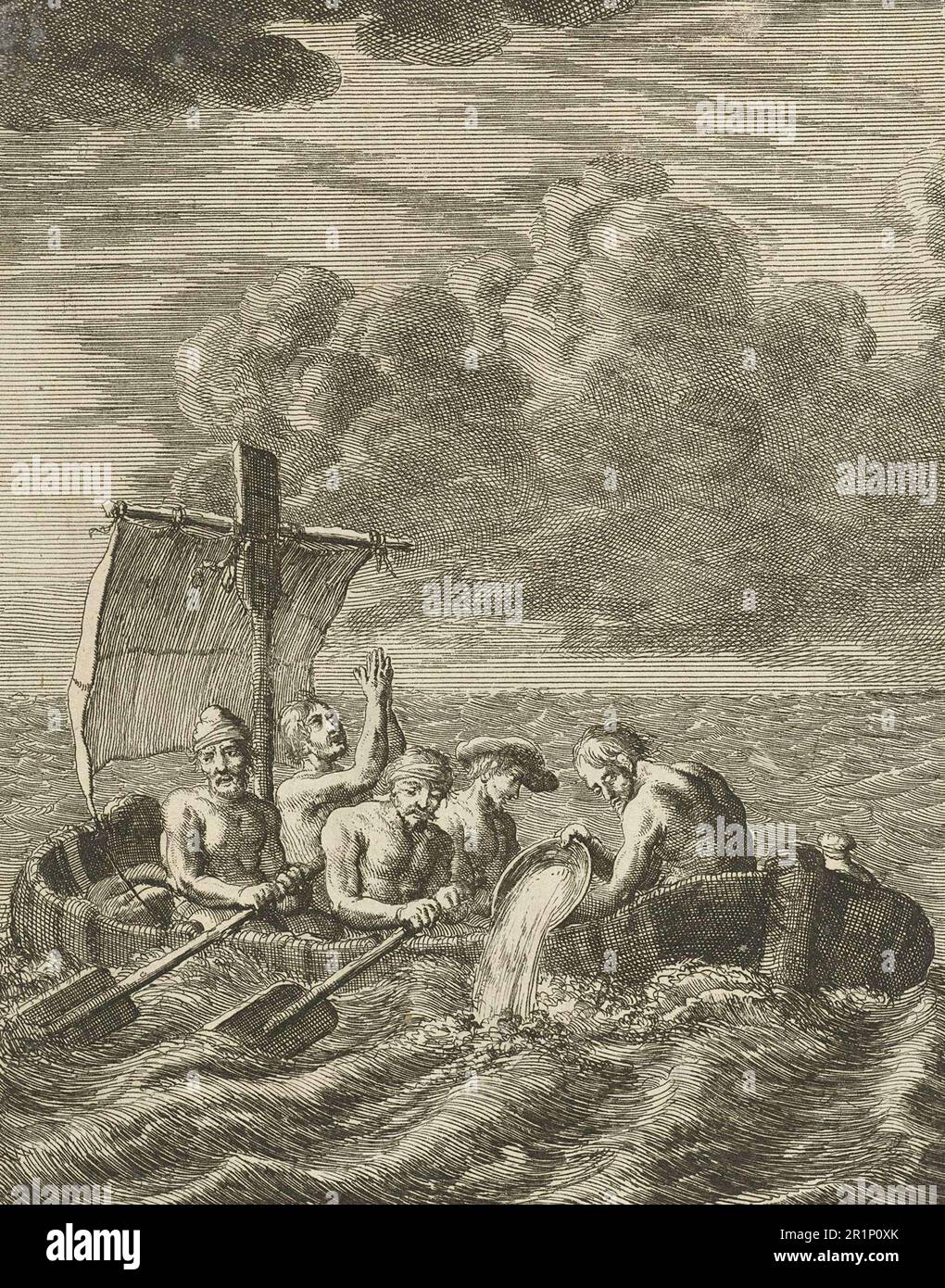 Cinco esclavos cristianos huyendo de Argel en bote de remos, 1684, Argelia, Histórico, Reproducción restaurada digitalmente de un original del siglo 19th / Fünf christliche Sklaven fliehen mit Ruderboot aus Algier, 1684, Algerien, Historisch, restaurierte digital Reproduktion von einer Vorlage aus dem 19. A cargo de Jahrhundert Foto de stock