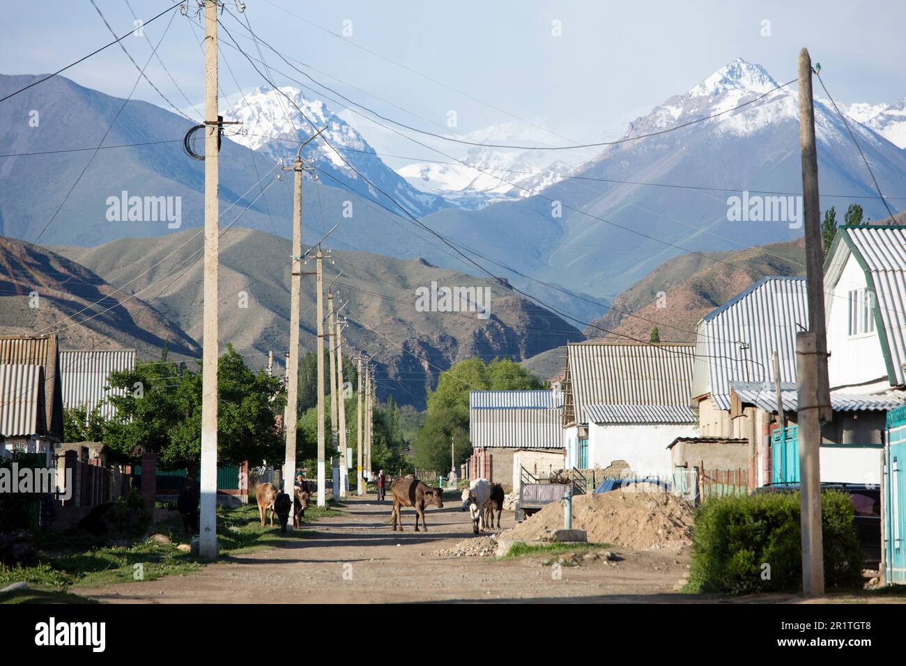El pueblo de Kyzyl Tuu en Kirguistán con las montañas de Tian Shan en el fondo. Foto de stock