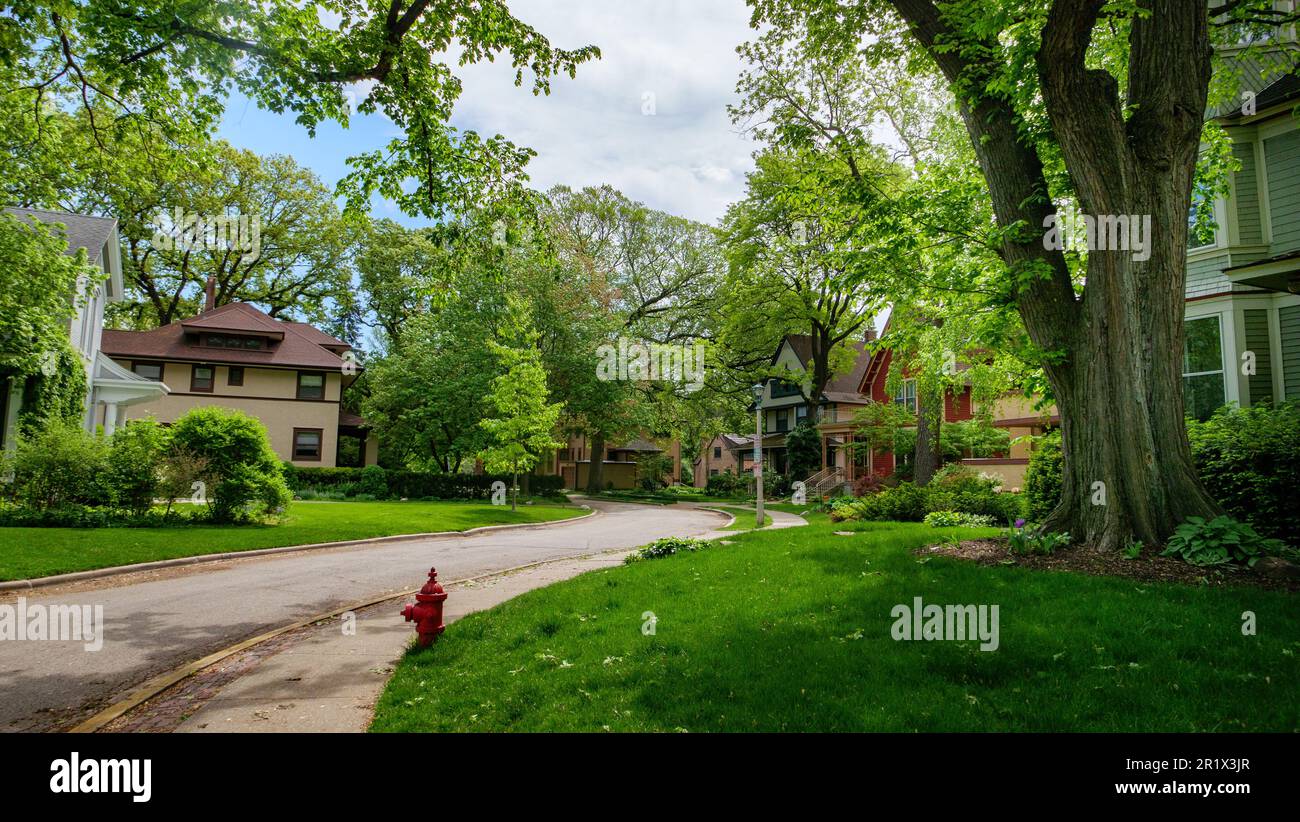 Escena en Elizabeth Court, Frank Lloyd Wright Historic District, Oak Park, Illinois. Foto de stock