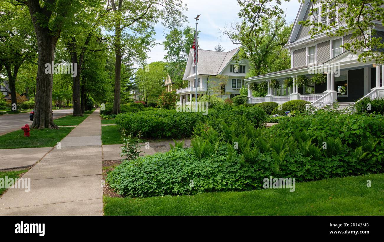 Casas históricas en North Kenilworth Avenue. Distrito histórico Frank Lloyd Wright, Oak Park, Illinois. Foto de stock