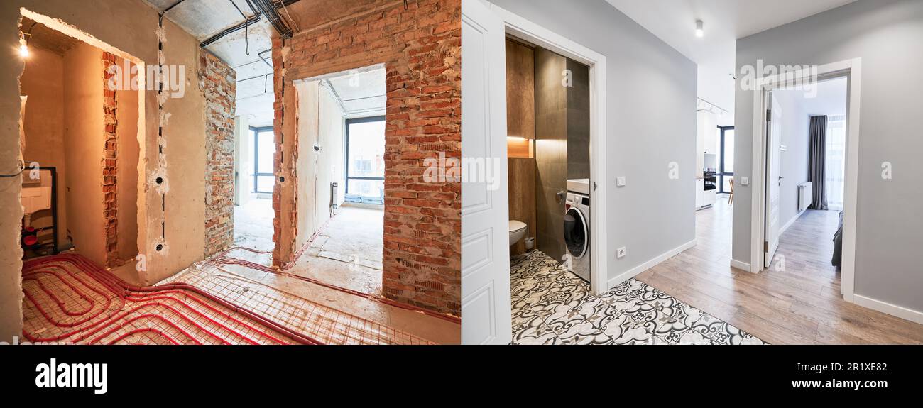 Cuarto de baño del apartamento con secador de toallas eléctrico antes y  después de la restauración. Piso antiguo y nuevo baño reformado con lavabo  y espejo Fotografía de stock - Alamy