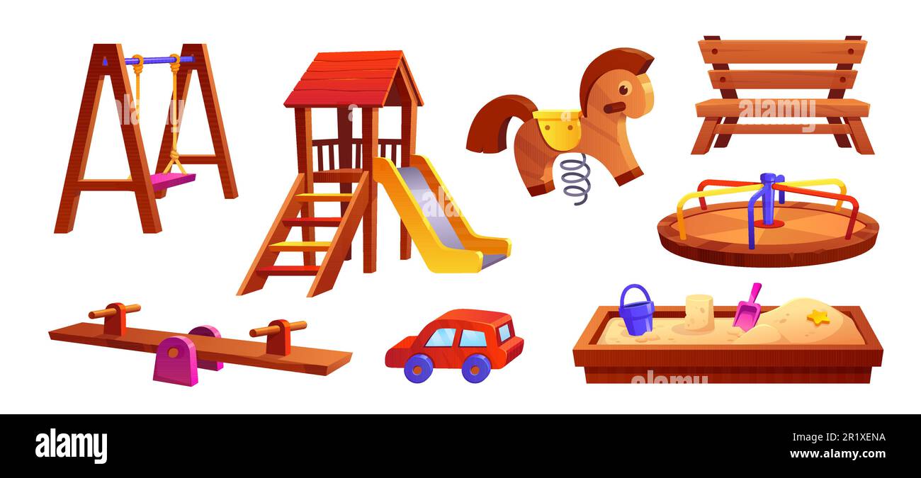 Parque infantil vector parque juego de dibujos animados ilustración. Área  de juegos exterior en el jardín de infantes para niños con columpio,  tobogán, banco y juego de iconos aislados de la diversión