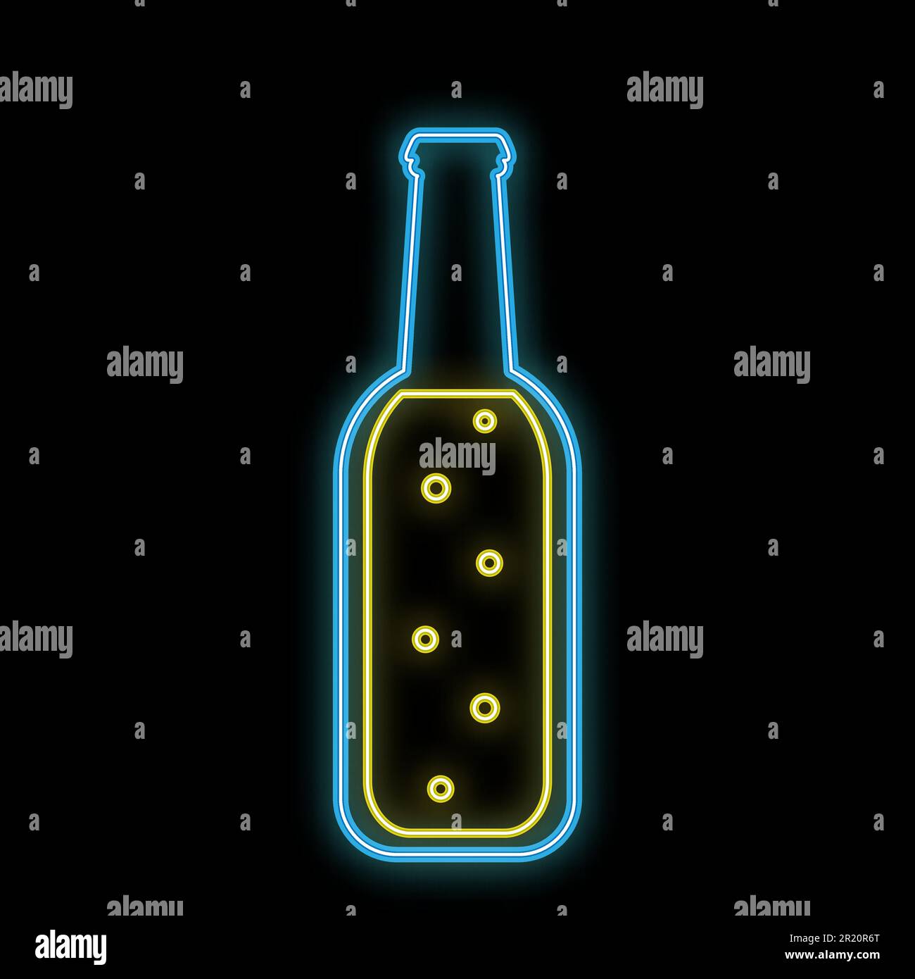Un simple icono azul brillante brillante de neón abstracto, un letrero para una barra de una botella de cerveza de medio litro con cerveza artesanal con burbujas y copia spa Ilustración del Vector