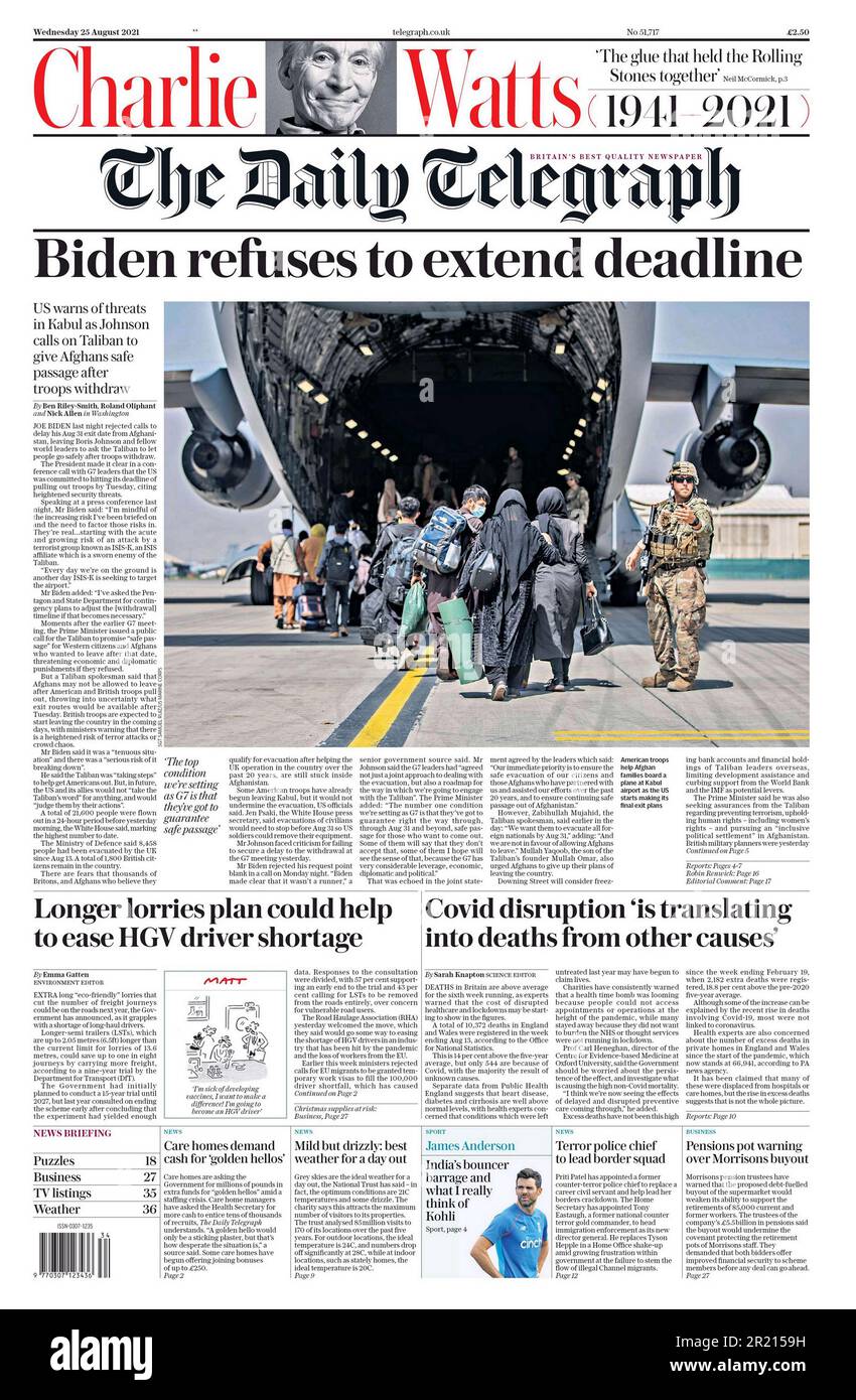 Daily Telegraph Newspaper Headline (británico), Evacuación de Afganistán. 21st de agosto de 2021. Las evacuaciones a gran escala de ciudadanos extranjeros y algunos ciudadanos afganos vulnerables tuvieron lugar en medio de la retirada de las fuerzas estadounidenses y de la OTAN al final de la guerra de 2001-2021 en Afganistán. Los talibanes tomaron el control de Kabul y declararon la victoria el 15 de agosto de 2021, y la República Islámica de Afganistán, respaldada por la OTAN, se derrumbó. Con los talibanes controlando toda la ciudad, excepto el aeropuerto internacional de Hamid Karzai, Foto de stock