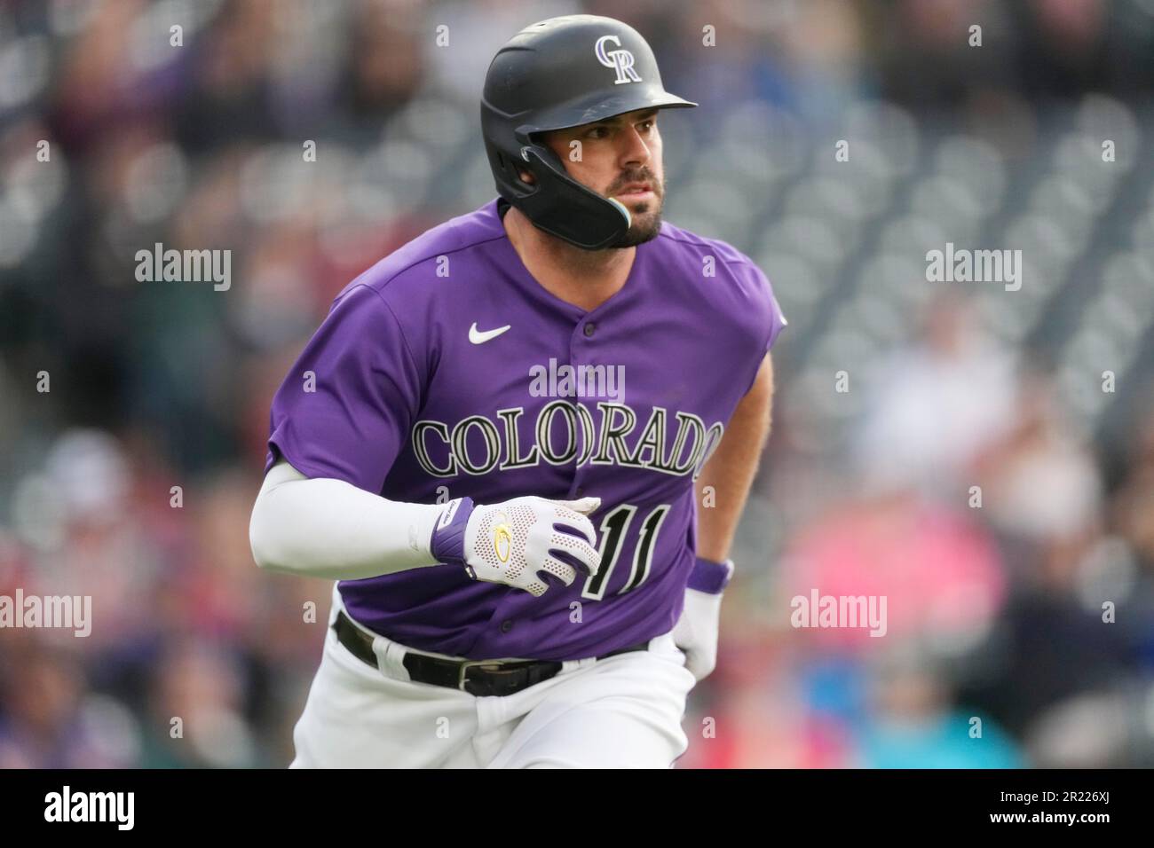 Colorado Rockies first baseman Mike Moustakas (11) in the first inning of a  baseball game Wednesday, April 12, 2023, in Denver. (AP Photo/David  Zalubowski Stock Photo - Alamy