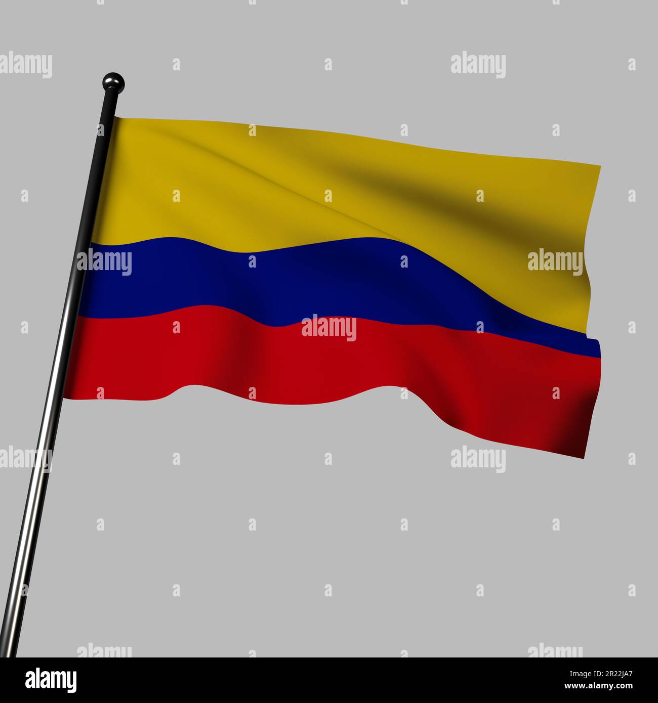 Representación 3D de la bandera colombiana ondeando sobre un fondo gris