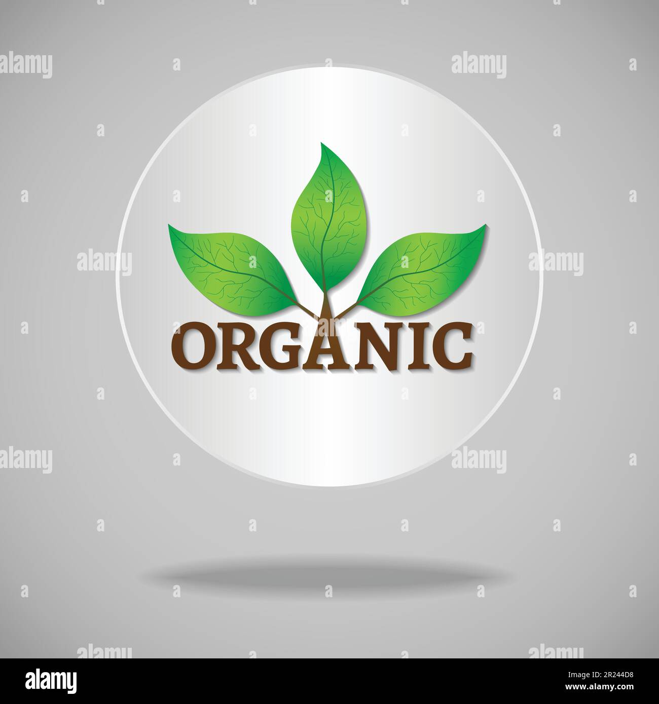 Icono orgánicos o logotipo. Las hojas verdes de un árbol con texto orgánico sobre un círculo blanco de fondo. Ilustración del Vector