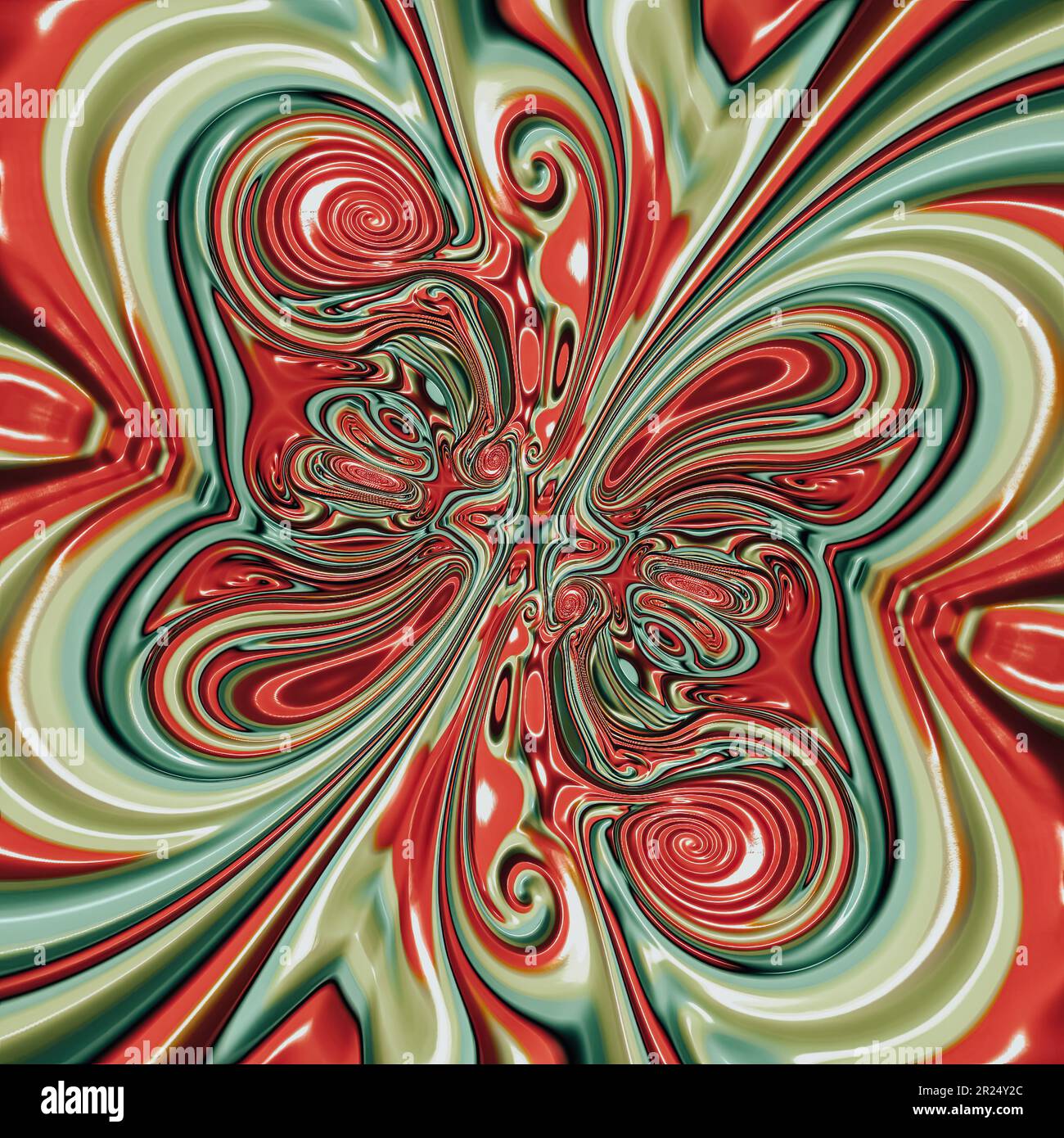 Serie de patrones de caleidoscopio abstracto, conjunto de 9. Líneas de líquido en rojo y verde. Foto de stock